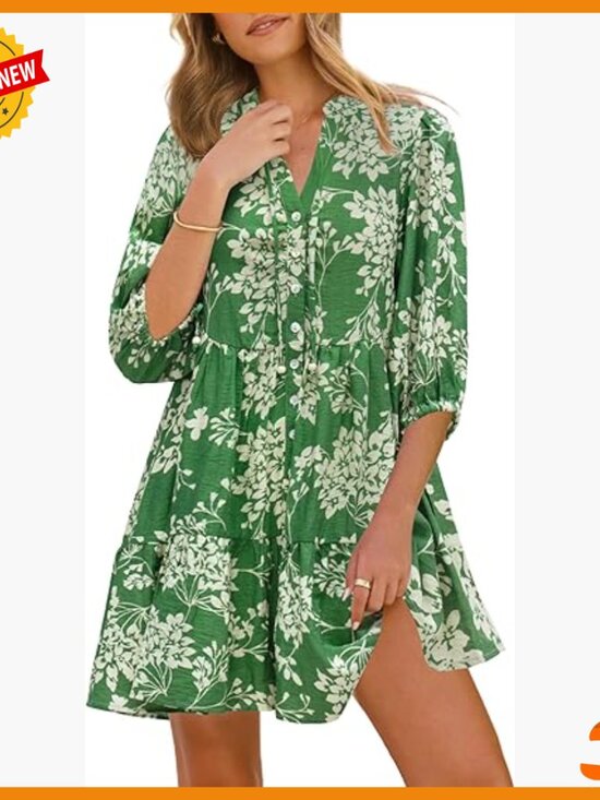 Dresses & Skirts - Floral Boho Shift Dress V Neck Puff Sleeve Button Down Summer Mini Dress